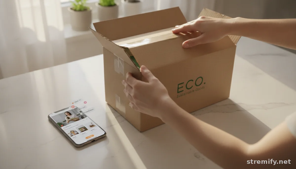 Hands unboxing a product delivery while watching a live stream with shoppable products on a phone.