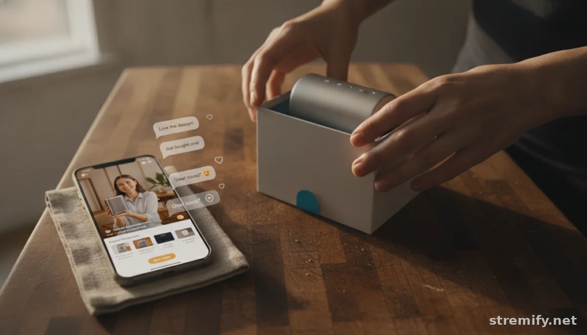 Unboxing product during a live streaming ecommerce demo with interactive comments visible