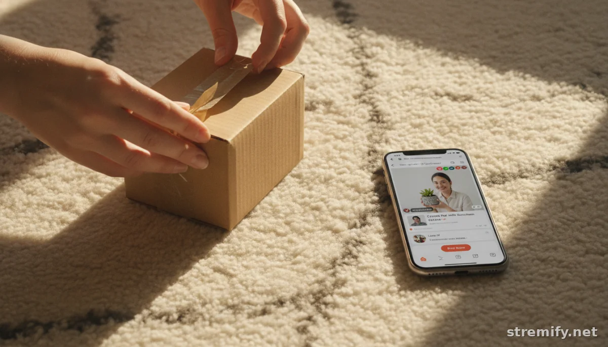 Hands unboxing delivery beside a smartphone displaying shoppable livestream purchases