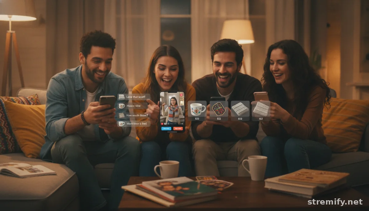 Viewers watch live shopping stream and comment to buy handmade products on mobile devices.