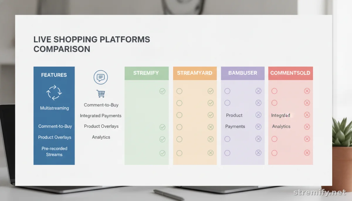Comparison infographic of live shopping platforms for YouTube, including Stremify.