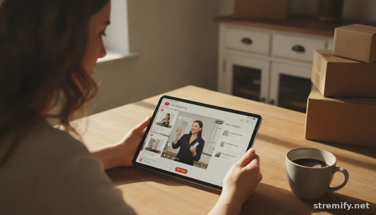 Browsing YouTube live shopping replay with product links and reviews on a tablet at kitchen table.