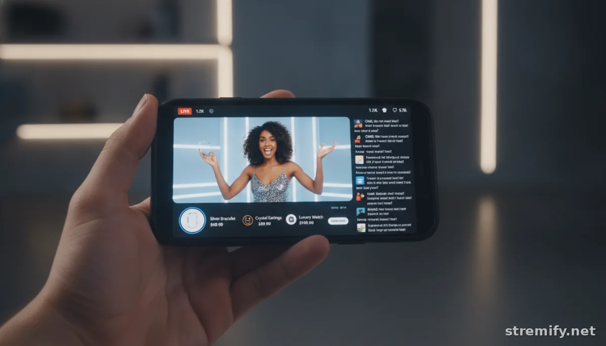 YouTube live shopping stream on a smartphone with product tags and live chat.