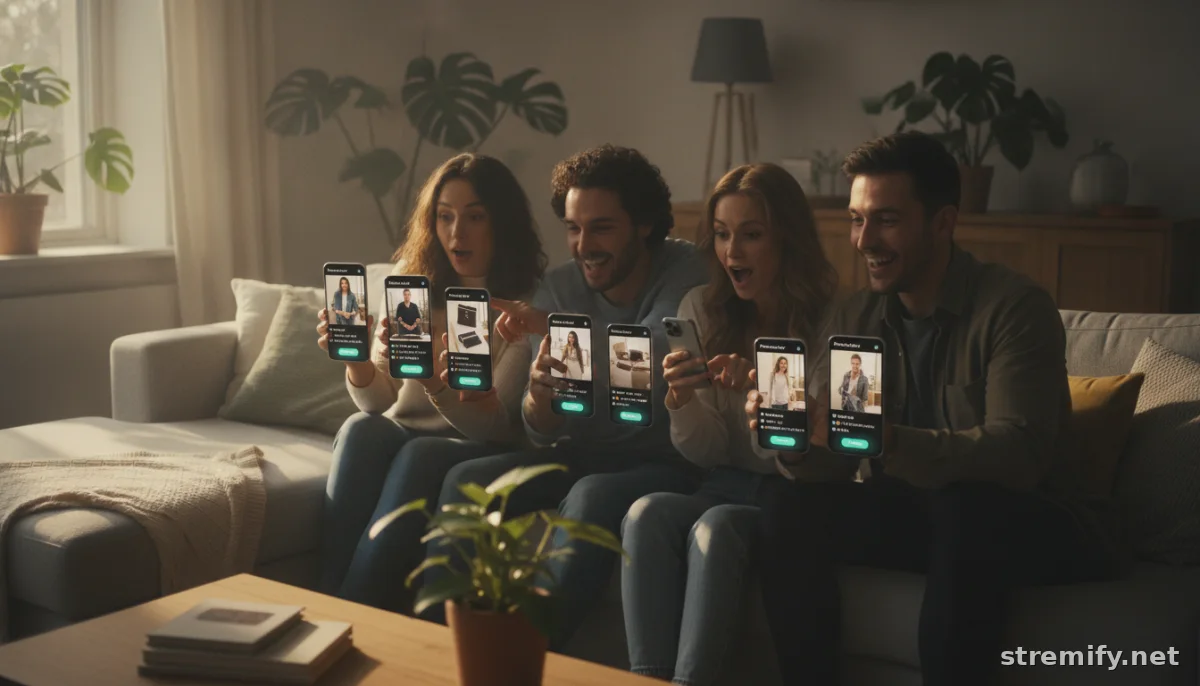 Group of people increasing average order value in live shopping event on smartphones