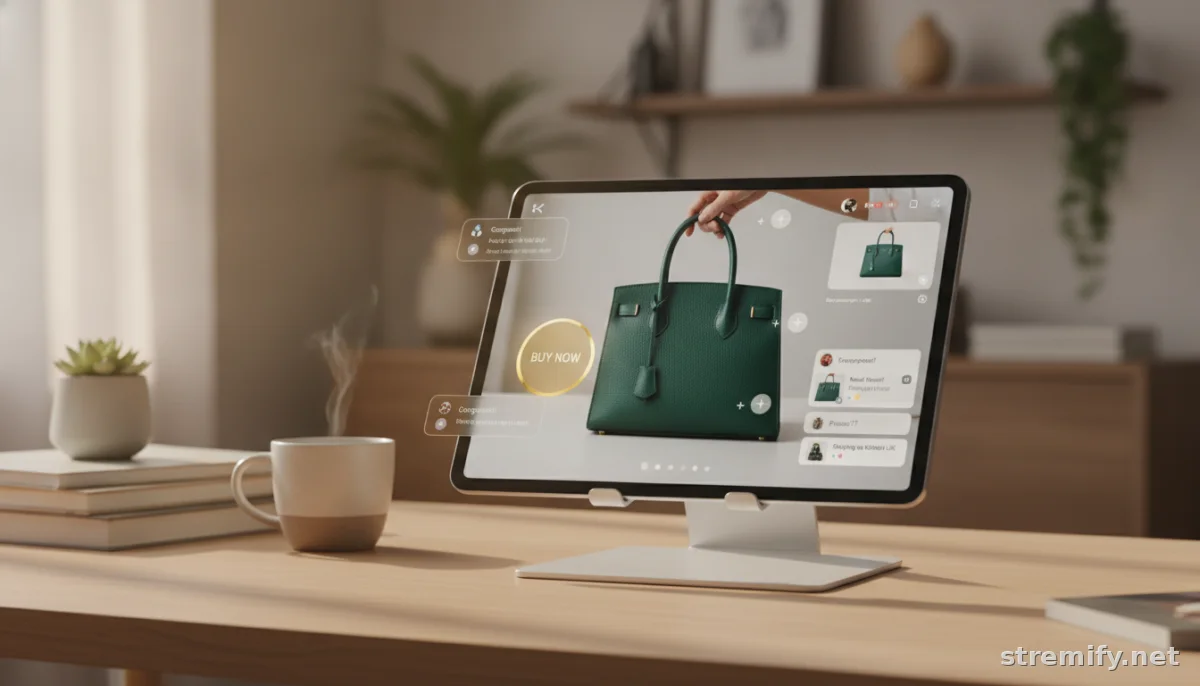 Tablet showing live shopping stream for luxury handbags with real-time buying options