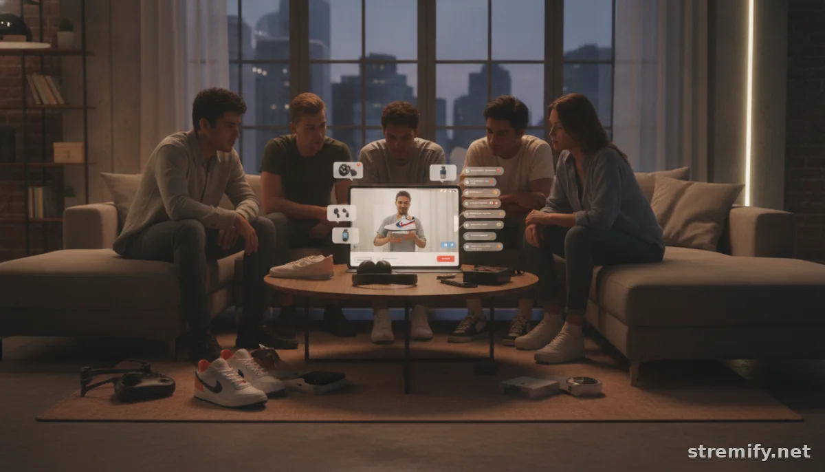 Live shopping scene with people watching a shoppable stream and product pop-ups at home