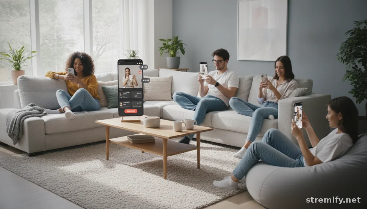 Live shopping scene with shoppers using phones during a livestream event