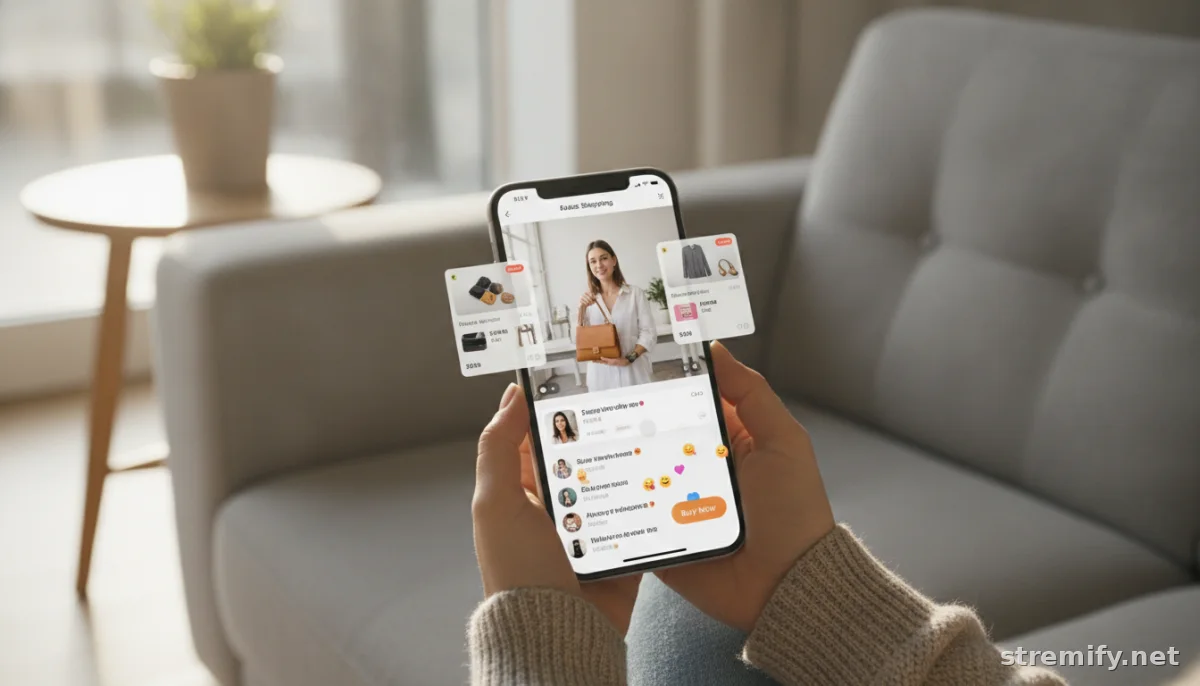 live shopping stream on smartphone with interactive features in a cozy home setting