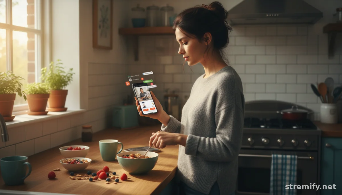 Woman watching a live shopping stream on her smartphone in a kitchen, focus keyword live shopping.