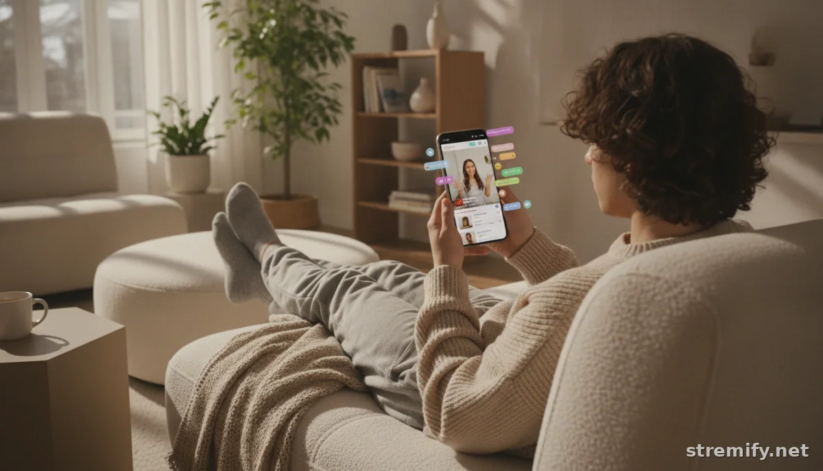 mobile vs desktop live shopping experience with shopper relaxing on sofa using smartphone during live shopping event