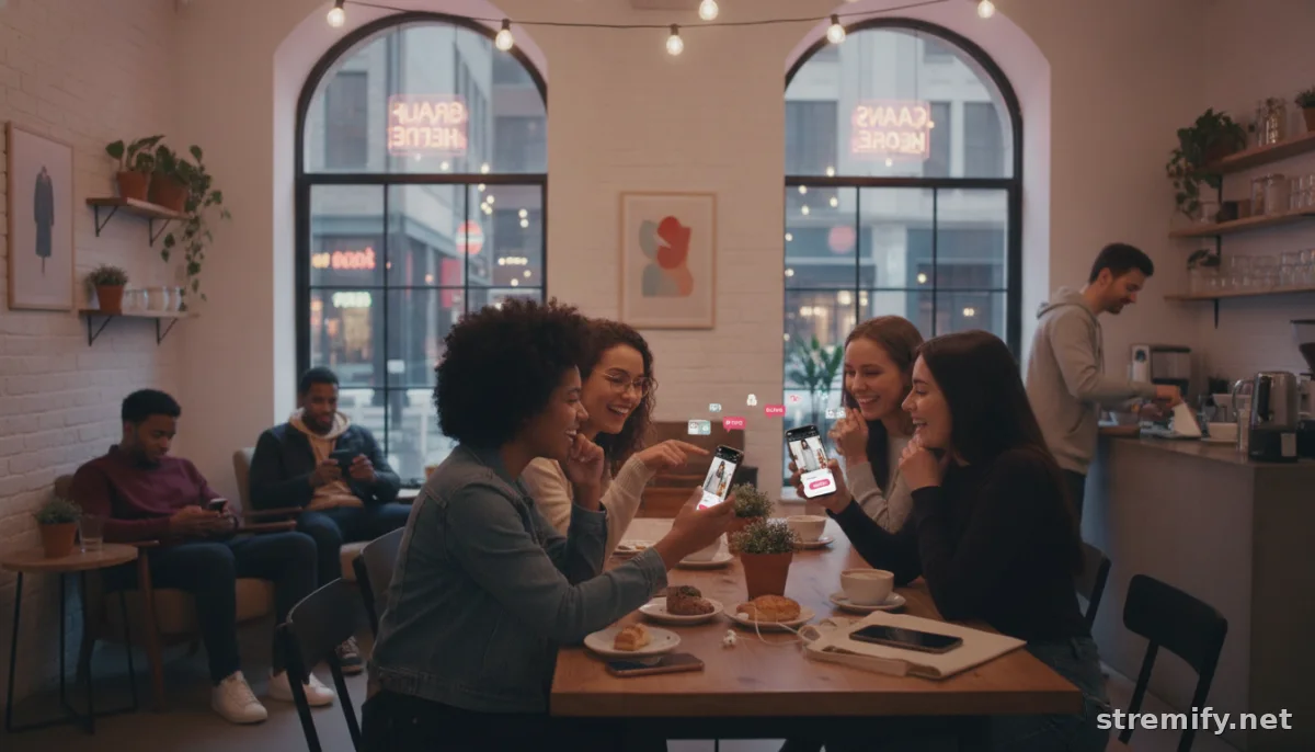 People watching a live shopping event on phones at a cafe, showing interactive buy buttons