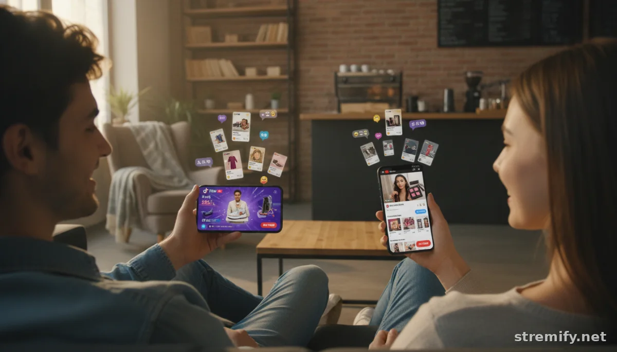 Two shoppers comparing TikTok vs YouTube live shopping streams on mobile with product cards and buy buttons visible.